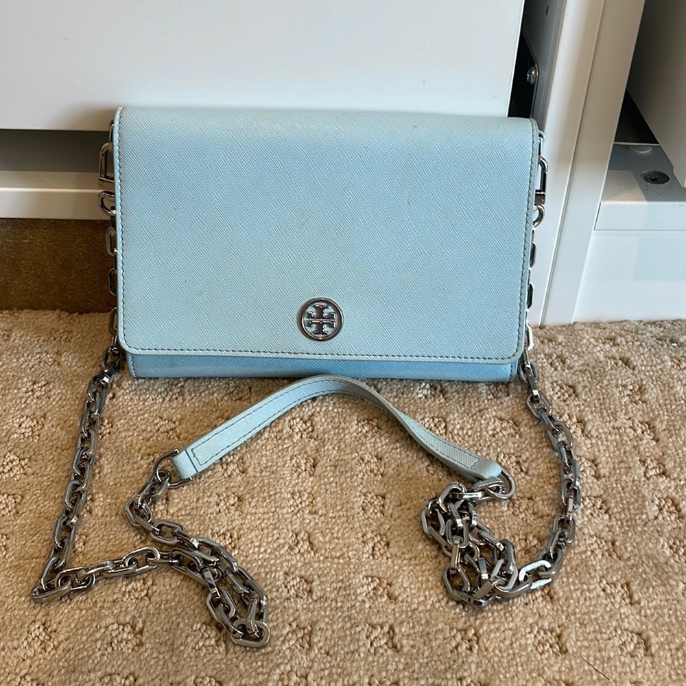 Tory Burch baby blue clutch or cross body